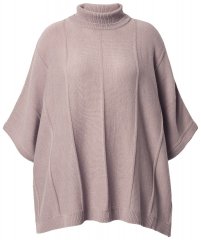 Ulla Popken 844996 Ribstrikket merinoponcho med rullekrave Lysebrun