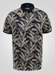 D555 Palmer Leaf Printed Jacquard Collar & Cuff Chest Pocket Polo Black