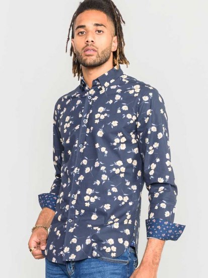 D555 Rooksey Floral Print Shirt Navy - Skjorter - Skjorter til store mænd 2XL- 8XL