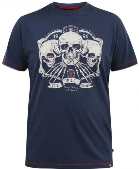 D555 COOK Trio Of Skulls Printed Crew Neck T-Shirt Slate Blue - T-shirts - T-shirts i store størrelser - 2XL-14XL