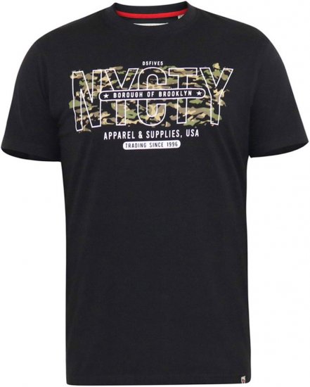 D555 EDWALTON NYCTY Camo Printed Crew Neck T-Shirt Washed Black - T-shirts - T-shirts i store størrelser - 2XL-14XL