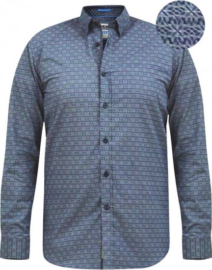 D555 MANGALA Geometric AOP Long Sleeve Shirt With Concealed Button Down Collar Navy - Skjorter - Skjorter til store mænd 2XL- 8XL