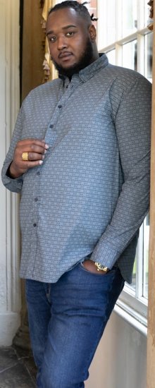 D555 MANGALA Geometric AOP Long Sleeve Shirt With Concealed Button Down Collar Navy - Skjorter - Skjorter til store mænd 2XL- 8XL