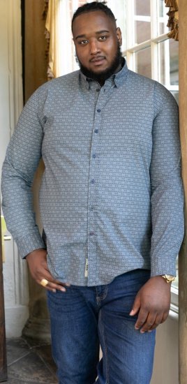 D555 MANGALA Geometric AOP Long Sleeve Shirt With Concealed Button Down Collar Navy - Skjorter - Skjorter til store mænd 2XL- 8XL