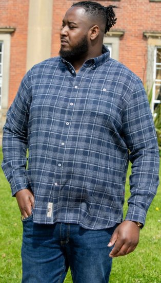 D555 SONNY Navy Check Long Sleeve Shirt With Chest Patch Pocket & Button Down Collar Navy Check - Skjorter - Skjorter til store mænd 2XL- 8XL