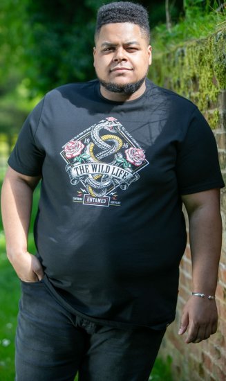 D555 MALCOM Snake And Roses Printed Crew Neck T-Shirt Black - T-shirts - T-shirts i store størrelser - 2XL-14XL