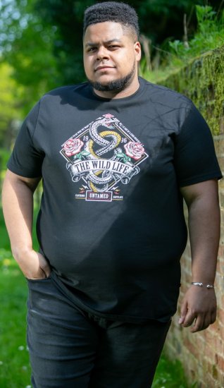 D555 MALCOM Snake And Roses Printed Crew Neck T-Shirt Black - T-shirts - T-shirts i store størrelser - 2XL-14XL