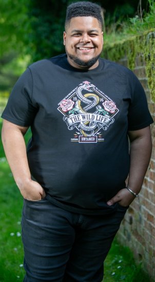 D555 MALCOM Snake And Roses Printed Crew Neck T-Shirt Black - T-shirts - T-shirts i store størrelser - 2XL-14XL