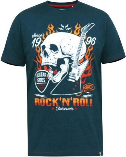 D555 NEAL Skull With Flames Printed Crew Neck T-Shirt Navy/Blue Twist - T-shirts - T-shirts i store størrelser - 2XL-14XL