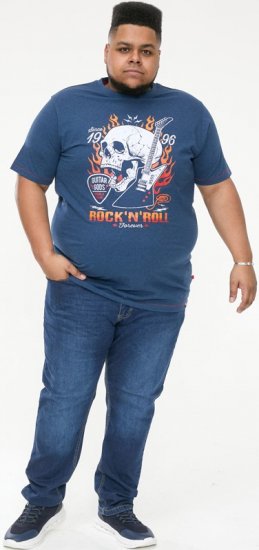 D555 NEAL Skull With Flames Printed Crew Neck T-Shirt Navy/Blue Twist - T-shirts - T-shirts i store størrelser - 2XL-14XL