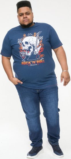 D555 NEAL Skull With Flames Printed Crew Neck T-Shirt Navy/Blue Twist - T-shirts - T-shirts i store størrelser - 2XL-14XL