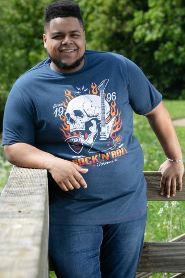 D555 NEAL Skull With Flames Printed Crew Neck T-Shirt Navy/Blue Twist - T-shirts - T-shirts i store størrelser - 2XL-14XL