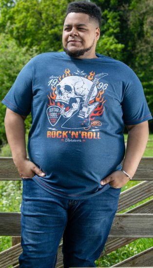 D555 NEAL Skull With Flames Printed Crew Neck T-Shirt Navy/Blue Twist - T-shirts - T-shirts i store størrelser - 2XL-14XL