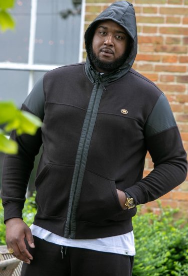 D555 DEAN Couture Zip Through Hoody With Woven Contrast Fabric Trim Black - Trøjer og hættetrøjer - Trøjer og Hættetrøjer i store størrelser - 2XL-14XL