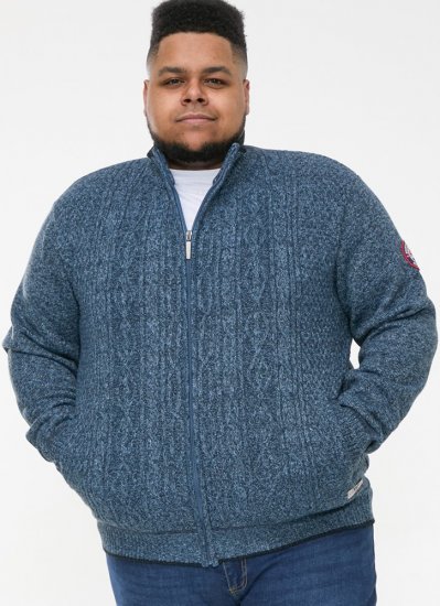 D555 ECCLES Cable Knitted Zip Through Sweater With Bonded Check Lining Denim Marl - Trøjer og hættetrøjer - Trøjer og Hættetrøjer i store størrelser - 2XL-14XL