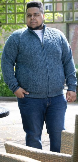 D555 ECCLES Cable Knitted Zip Through Sweater With Bonded Check Lining Denim Marl - Trøjer og hættetrøjer - Trøjer og Hættetrøjer i store størrelser - 2XL-14XL