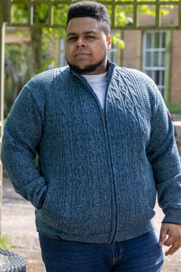D555 ECCLES Cable Knitted Zip Through Sweater With Bonded Check Lining Denim Marl - Trøjer og hættetrøjer - Trøjer og Hættetrøjer i store størrelser - 2XL-14XL