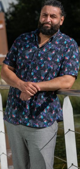 D555 Farnborough Short Sleeve Guitar AOP Shirt With Hidden Button Down Black - Skjorter - Skjorter til store mænd 2XL- 8XL