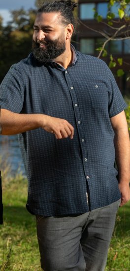 D555 Pontefract Jacquard Linen Mix Short Sleeve Shirt With Button Down Navy - Skjorter - Skjorter til store mænd 2XL- 8XL