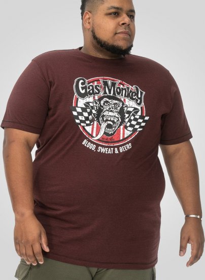 D555 Loughborough Official Gas Monkey Crew Neck T-Shirt Burgundy Black Twist - T-shirts - T-shirts i store størrelser - 2XL-14XL