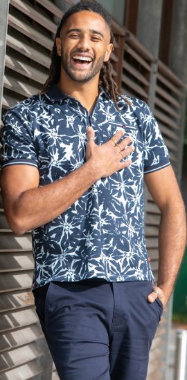 D555 Halifax AOP Hawaiian Print Short Sleeve Polo Blue - T-shirts - T-shirts i store størrelser - 2XL-14XL