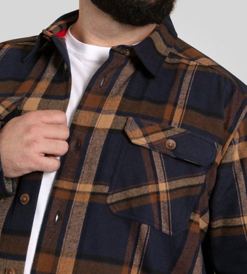 D555 Aldershot Long Sleeve Heavy Shacket Overshirt Tan/Navy Check - Skjorter - Skjorter til store mænd 2XL- 8XL