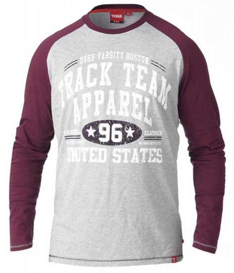 D555 KELTON Long Sleeve Raglan T-Shirt Grey/Burgundy - T-shirts - T-shirts i store størrelser - 2XL-14XL