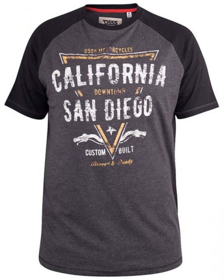 D555 Lismore Raglan Sleeve San Diego Printed T-Shirt Charcoal - T-shirts - T-shirts i store størrelser - 2XL-14XL