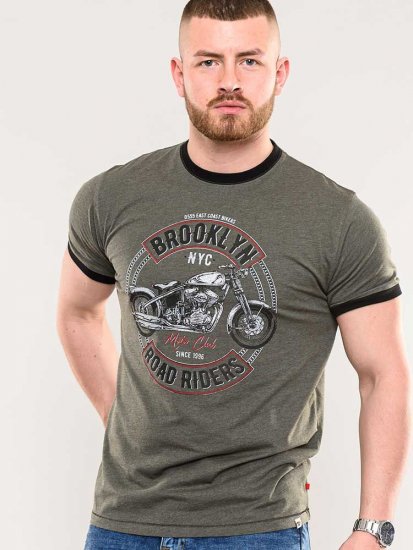 D555 Hereford Brooklyn Motorbike Printed Ringer T-Shirt Khaki - T-shirts - T-shirts i store størrelser - 2XL-14XL