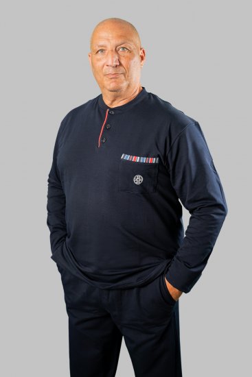 20 Nodi Long Pajamas in Stretch Fleece Cotton with Serafino Collar and Jacket with Pocket and Side Slits Navy - Pyjama/Loungewear - Pyjamas Herre Store Størrelser