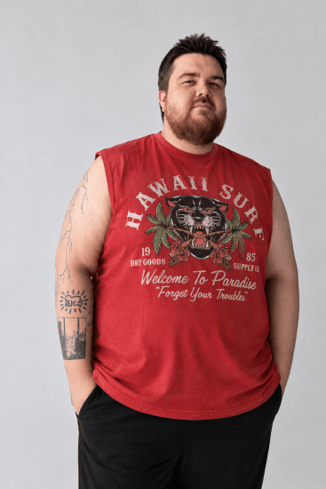 Kam Jeans 5763 Hawaii Surf Vest Sleeveless T-Shirt Washed Red - T-shirts - T-shirts i store størrelser - 2XL-14XL