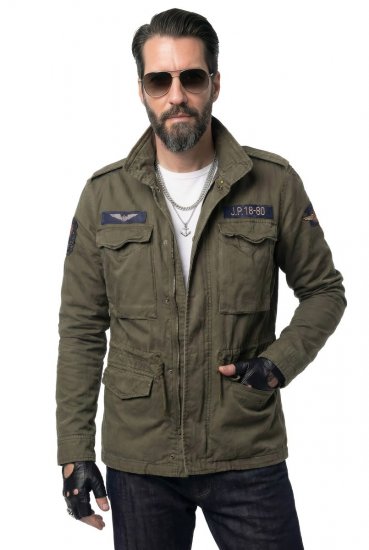 JP1880 Field Jacket with Badges Vintage Look TALL Moss Green - TALL jakker - TALL jakker med ekstra længde