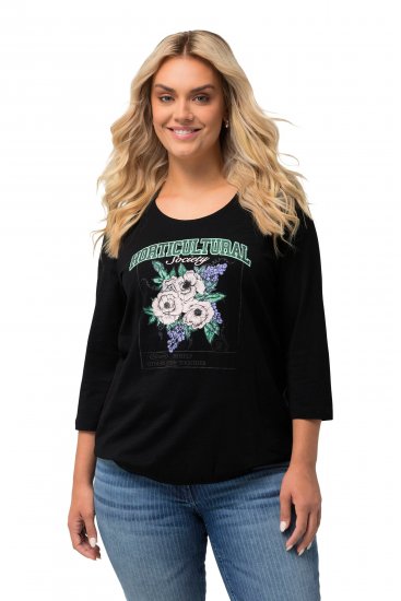 Ulla Popken Horticultural Graphic Floral Tee Black - Trykte T-shirts til kvinder - 