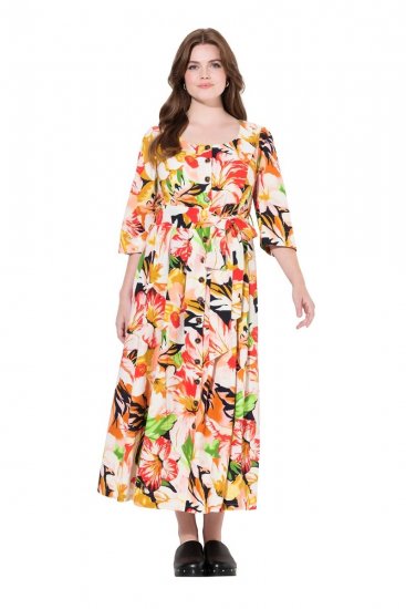 Ulla Popken 832512 Blomstret kjole i hørblanding med 3/4-ærmer Rød - Maxikjoler - Maxikjoler i plus size