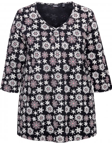 Ulla Popken Snowflake Print 3/4 Sleeve A-Line Tee Black - Trykte T-shirts til kvinder - Printede T-shirts til Damer