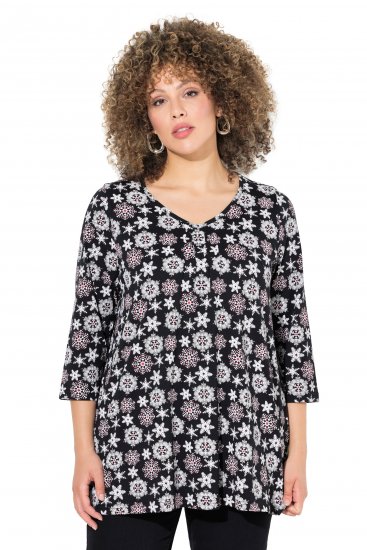 Ulla Popken Snowflake Print 3/4 Sleeve A-Line Tee Black - Trykte T-shirts til kvinder - Printede T-shirts til Damer