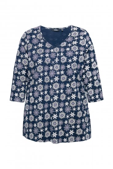 Ulla Popken Snowflake Print 3/4 Sleeve A-Line Tee Navy - Trykte T-shirts til kvinder - Printede T-shirts til Damer