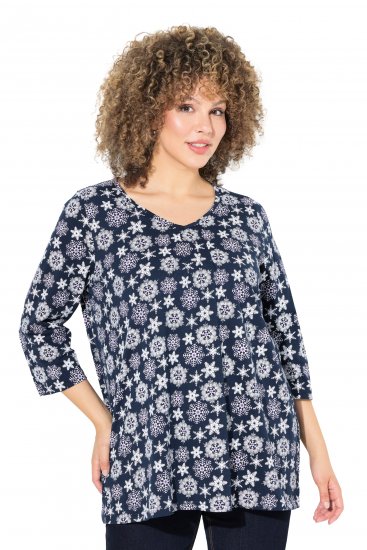 Ulla Popken Snowflake Print 3/4 Sleeve A-Line Tee Navy - Trykte T-shirts til kvinder - Printede T-shirts til Damer