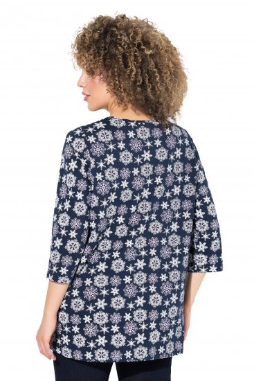 Ulla Popken Snowflake Print 3/4 Sleeve A-Line Tee Navy - Trykte T-shirts til kvinder - Printede T-shirts til Damer