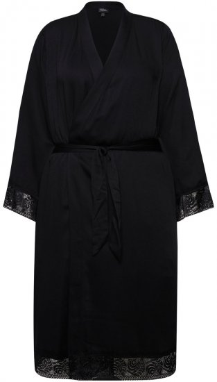 Ulla Popken 834837 Kimono-morgenkåbe med blonde Sort - Morgenkåber & badekåber - 