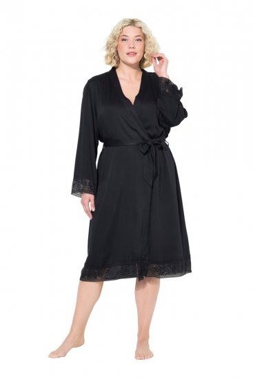 Ulla Popken 834837 Kimono-morgenkåbe med blonde Sort - Morgenkåber & badekåber - 