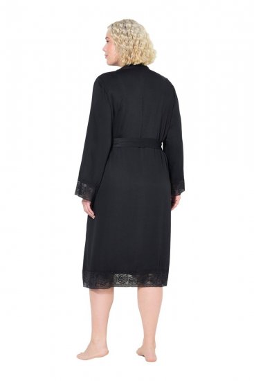 Ulla Popken 834837 Kimono-morgenkåbe med blonde Sort - Morgenkåber & badekåber - 
