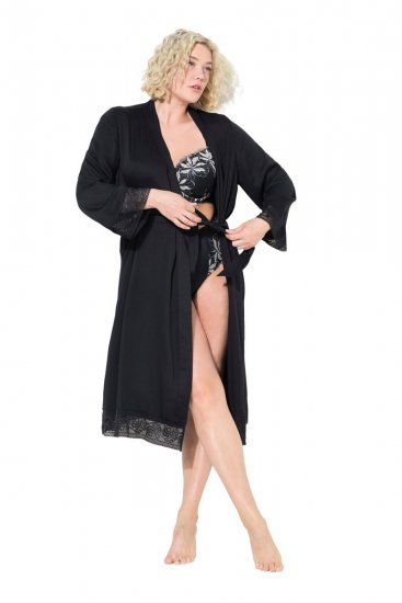 Ulla Popken 834837 Kimono-morgenkåbe med blonde Sort - Morgenkåber & badekåber - 