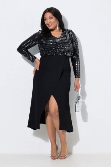 Ulla Popken 845151 Stribet kjole med V-hals Sort - Aftenkjoler - Festkjoler i plus size
