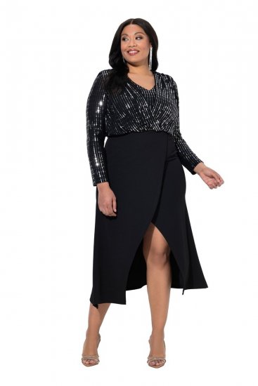 Ulla Popken 845151 Stribet kjole med V-hals Sort - Aftenkjoler - Festkjoler i plus size