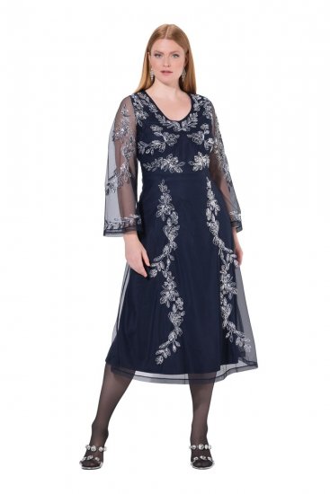 Ulla Popken 845366 Blomstret pailletkjole Mørkeblå - Aftenkjoler - Festkjoler i plus size
