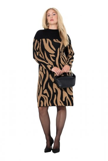 Ulla Popken 845378 Dyreprintet strikket kjole Beige - Aftenkjoler - Festkjoler i plus size