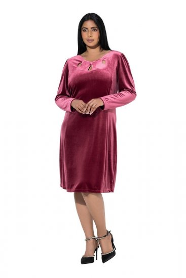 Ulla Popken 845573 Langærmet velourkjole Vinrød - Aftenkjoler - Festkjoler i plus size