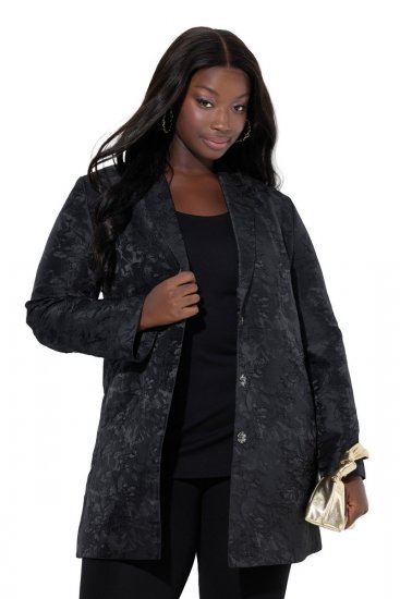 Ulla Popken 848099 Blomstret jacquardblazer med skjult knaplist Sort - Blazere - Blazere i plusstørrelser til kvinder