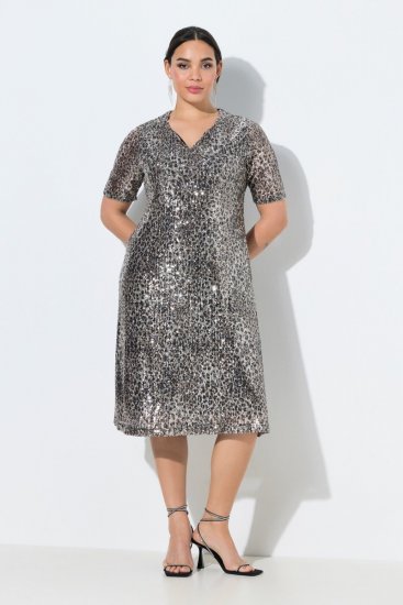 Ulla Popken 848137 Dyreprintet pailletkjole Beige - Aftenkjoler - Festkjoler i plus size